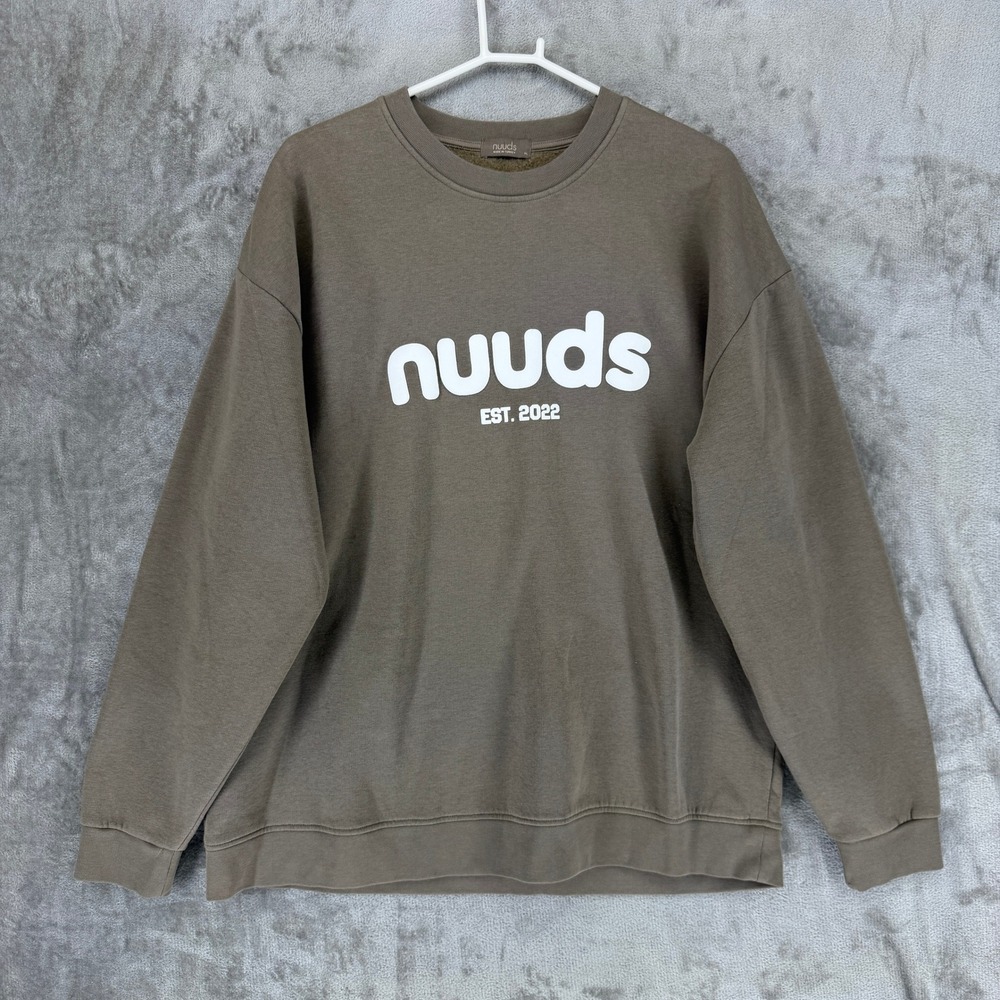 nuuds Mens XL Crewneck Sweatshirt Brown Logo EST 2022 Fleece Lined Relaxed Fit